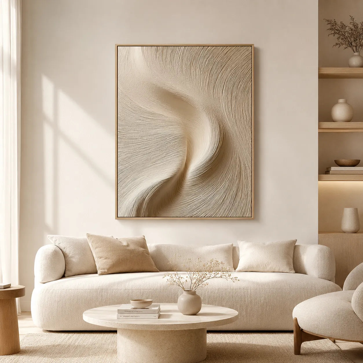 Warm Neutral Textured Abstract Wall Art with Flowing Lines for Living Room