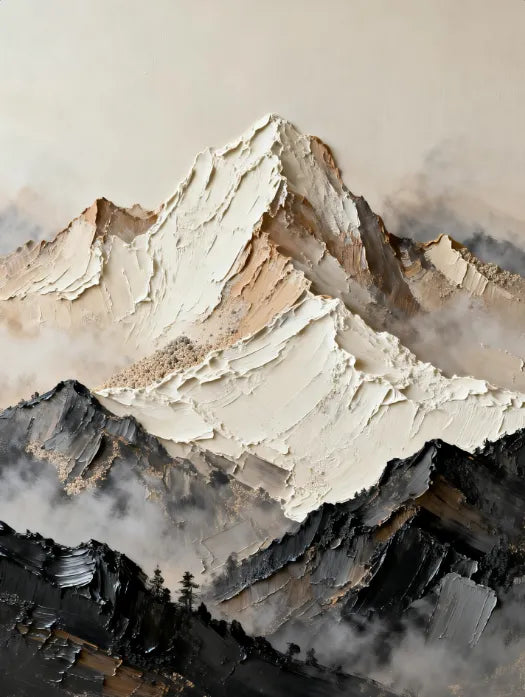 Textured Abstract Mountain Wall Art in Ivory, Taupe & Charcoal for Living Room