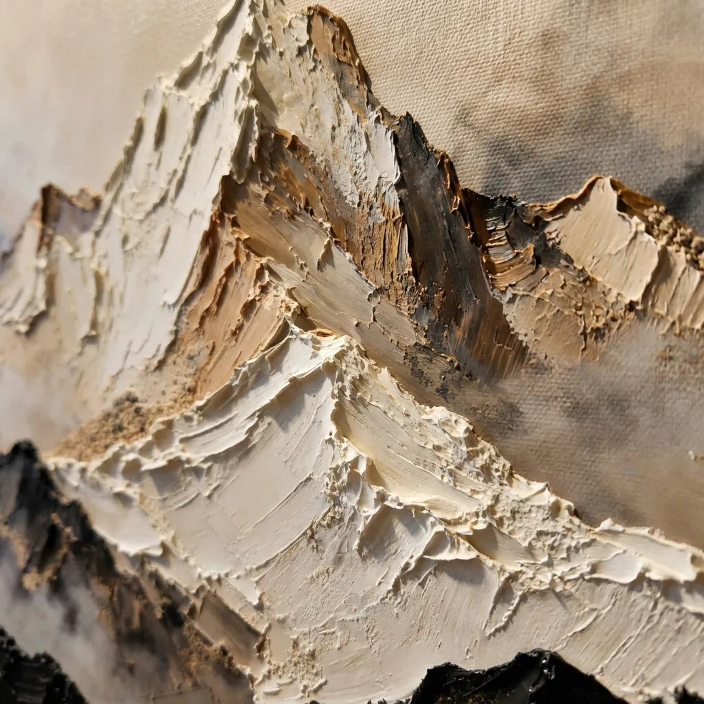 Textured Abstract Mountain Wall Art in Ivory, Taupe & Charcoal for Living Room