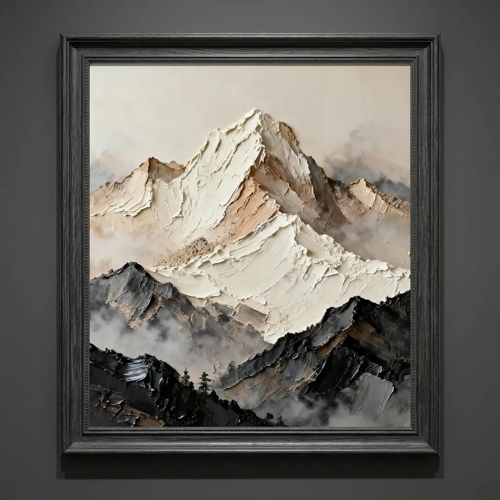 Textured Abstract Mountain Wall Art in Ivory, Taupe & Charcoal for Living Room