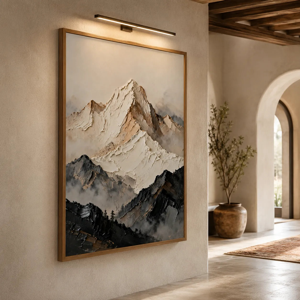 Textured Abstract Mountain Wall Art in Ivory, Taupe & Charcoal for Living Room
