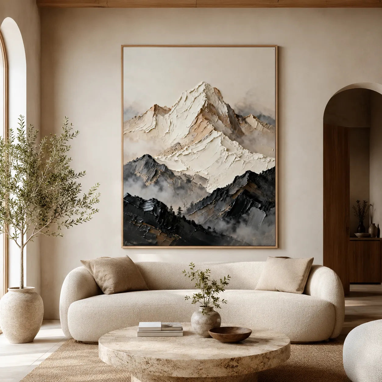 Textured Abstract Mountain Wall Art in Ivory, Taupe & Charcoal for Living Room