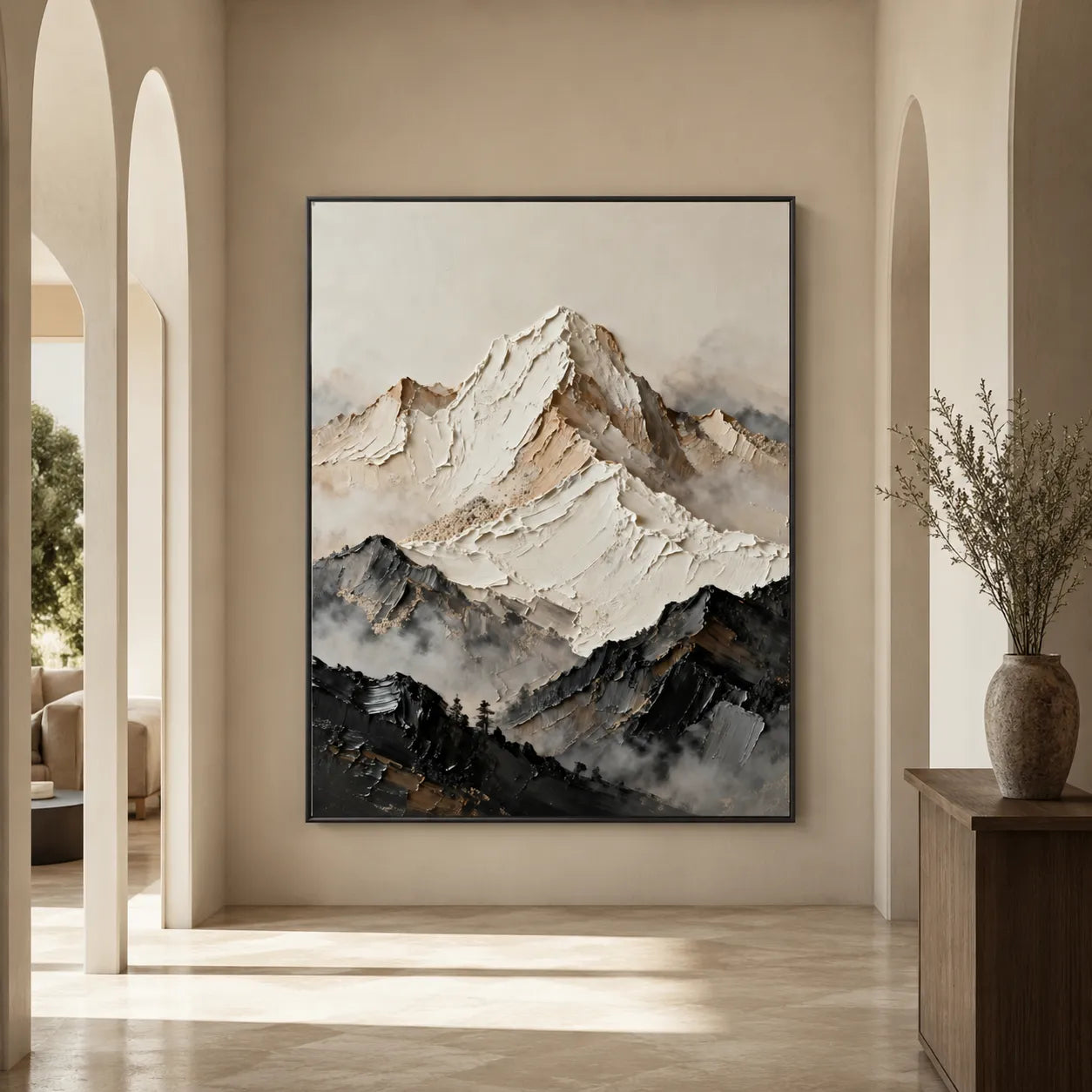 Textured Abstract Mountain Wall Art in Ivory, Taupe & Charcoal for Living Room