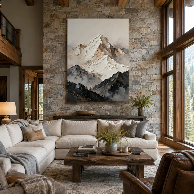 Neutral Textured Mountain Wall Art for Living Room, Beige Black Wabi Sabi Landscape Painting #5TVPD4E4