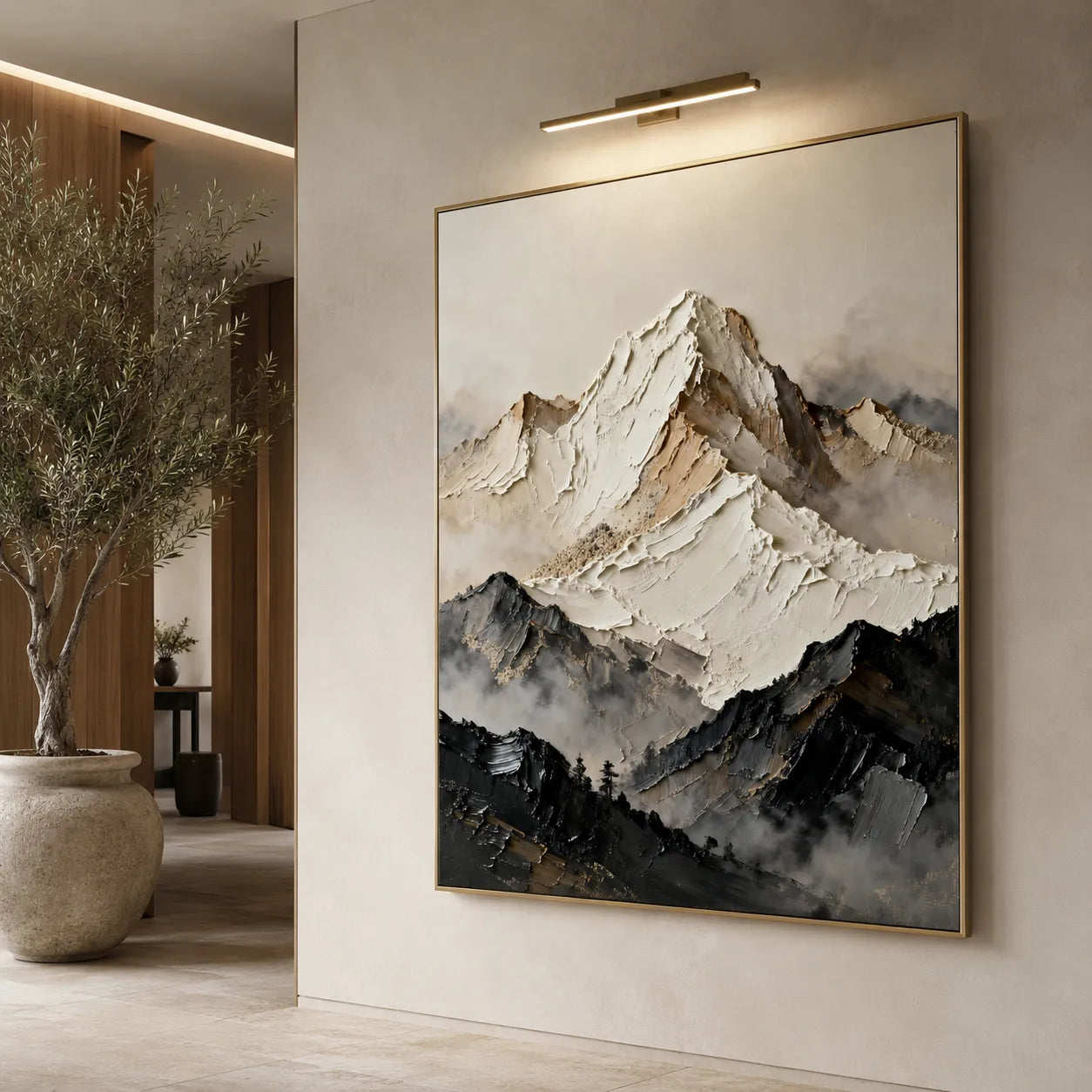 Textured Abstract Mountain Wall Art in Ivory, Taupe & Charcoal for Living Room