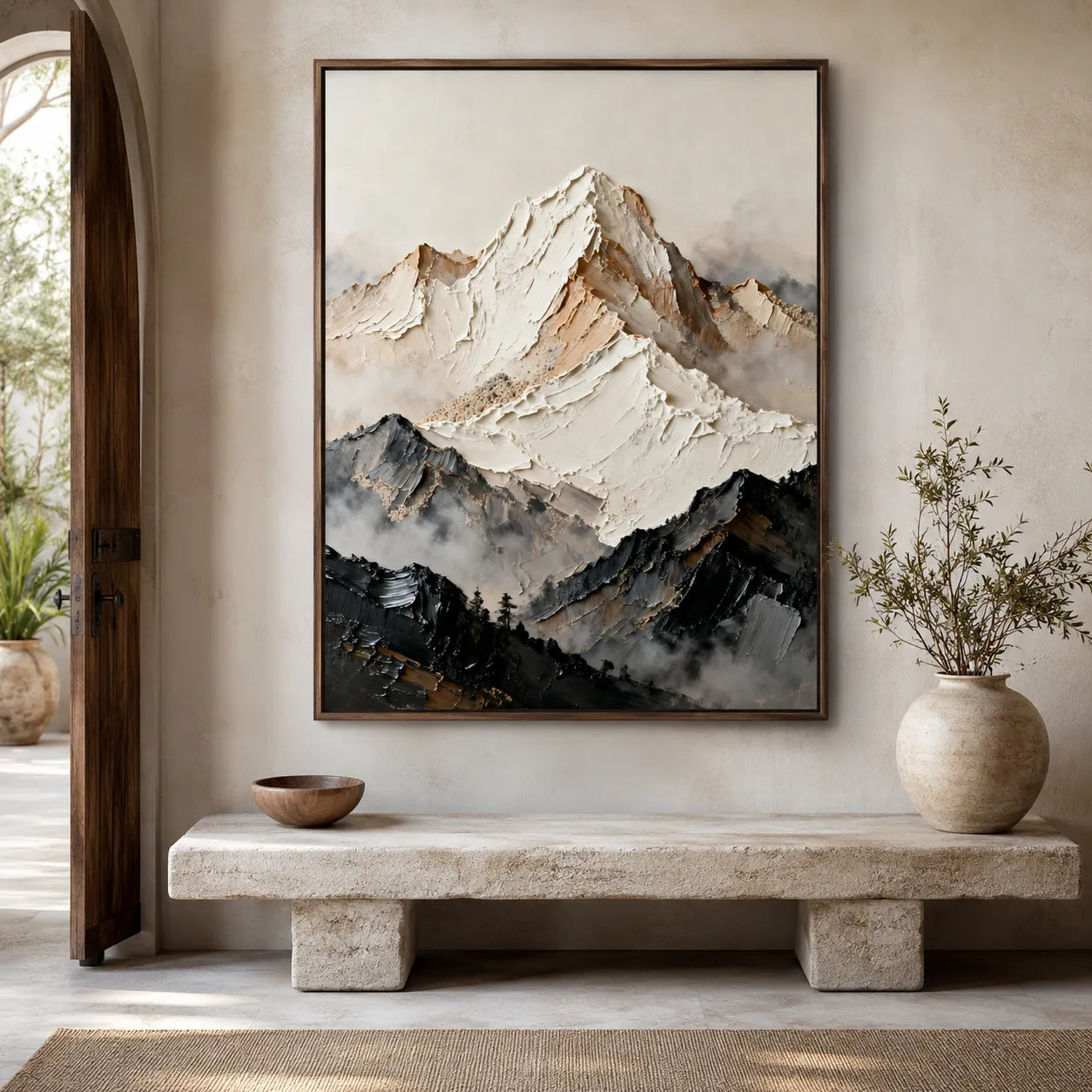 Textured Abstract Mountain Wall Art in Ivory, Taupe & Charcoal for Living Room