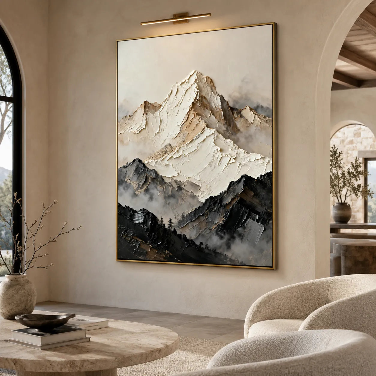 Textured Abstract Mountain Wall Art in Ivory, Taupe & Charcoal for Living Room