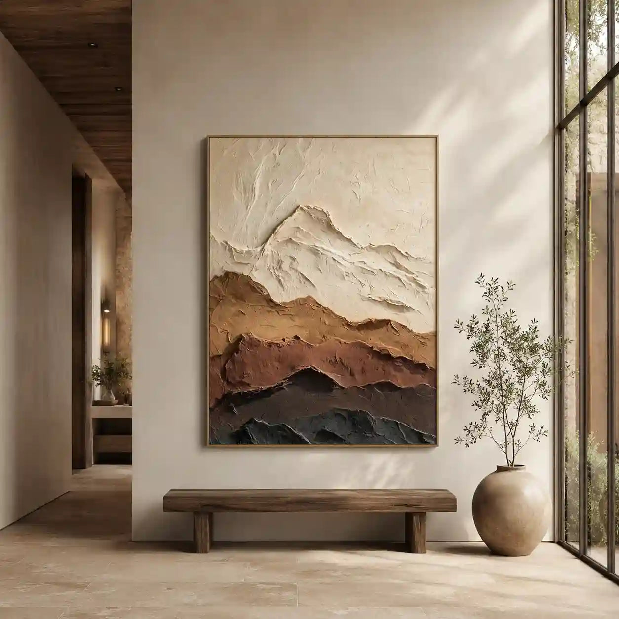 Layered Mountain Textured Wall Art in Earth Tones for Living Room