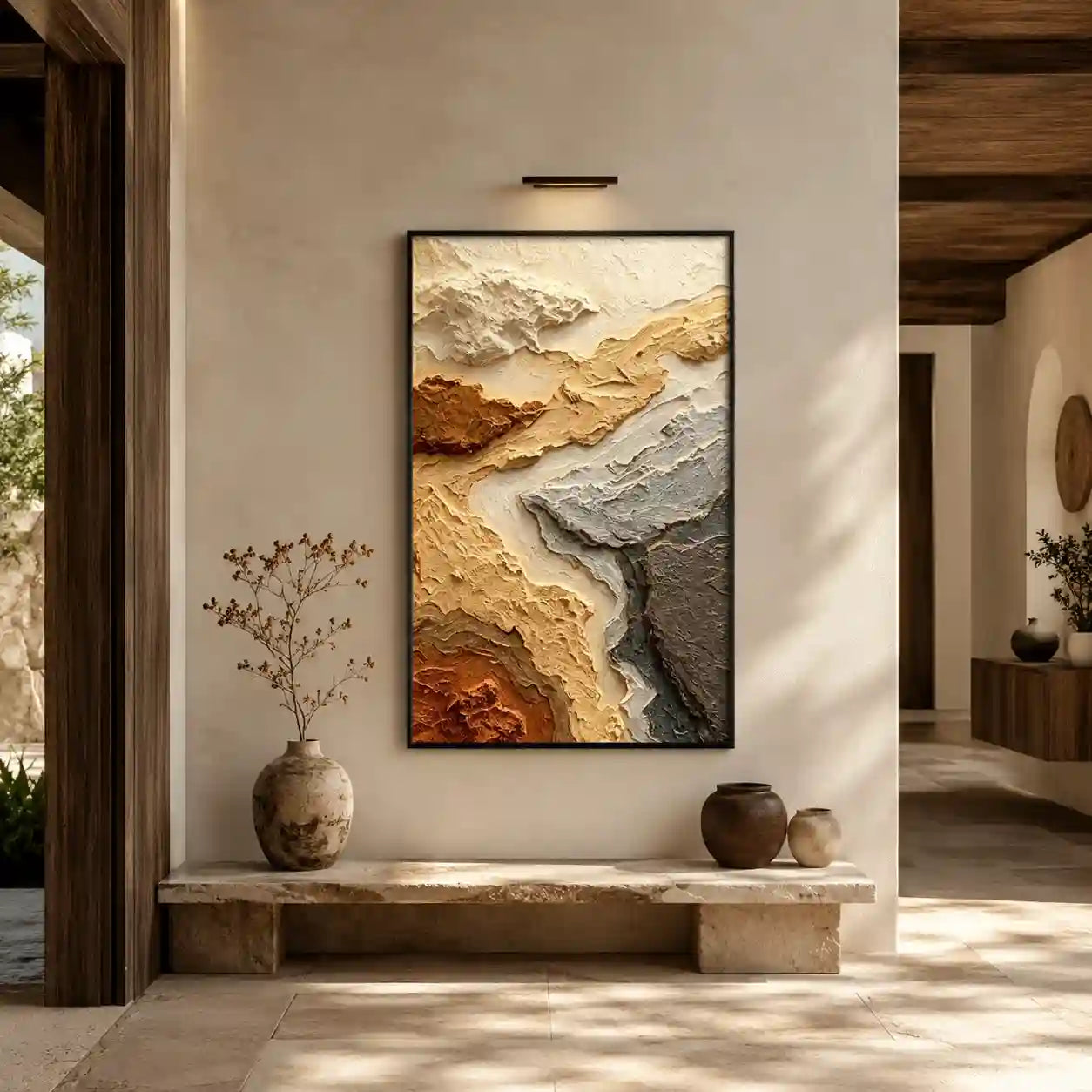 Abstract Earth Tone Landscape Wall Art with Layered Texture for Entryway