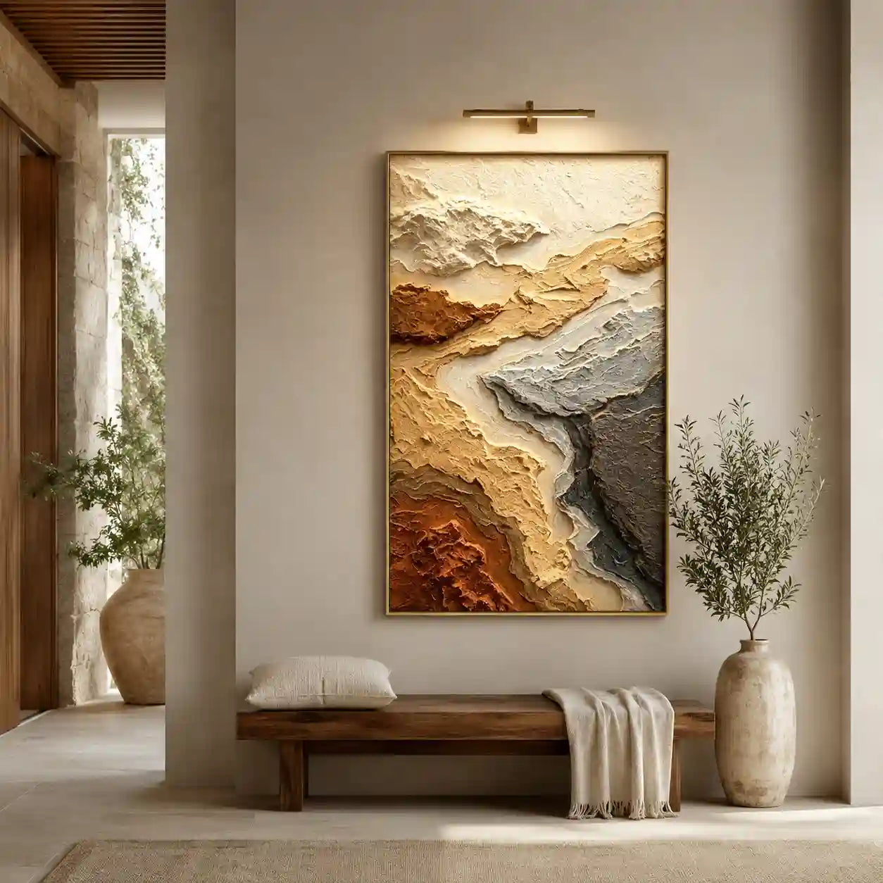 Abstract Earth Tone Landscape Wall Art with Layered Texture for Entryway