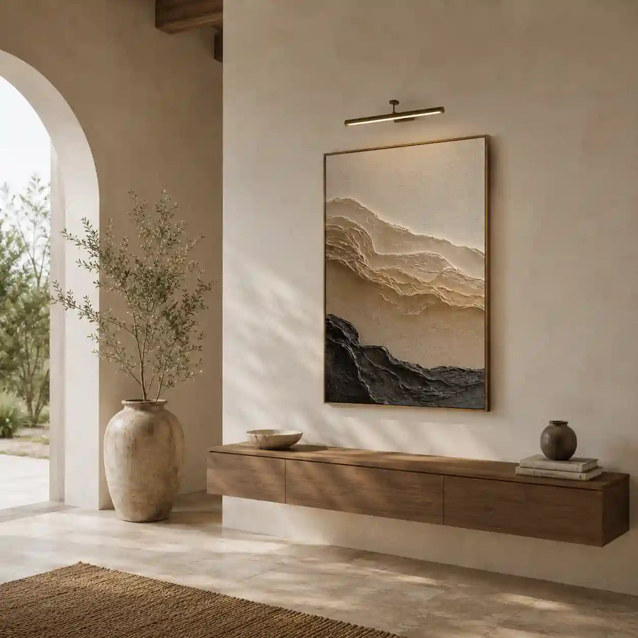 Minimalist Textured Mountain Wall Art in Beige and Charcoal for Living Room