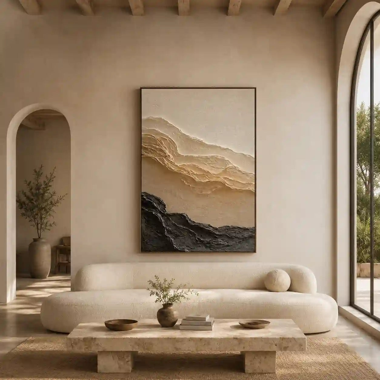 Minimalist Textured Mountain Wall Art in Beige and Charcoal for Living Room