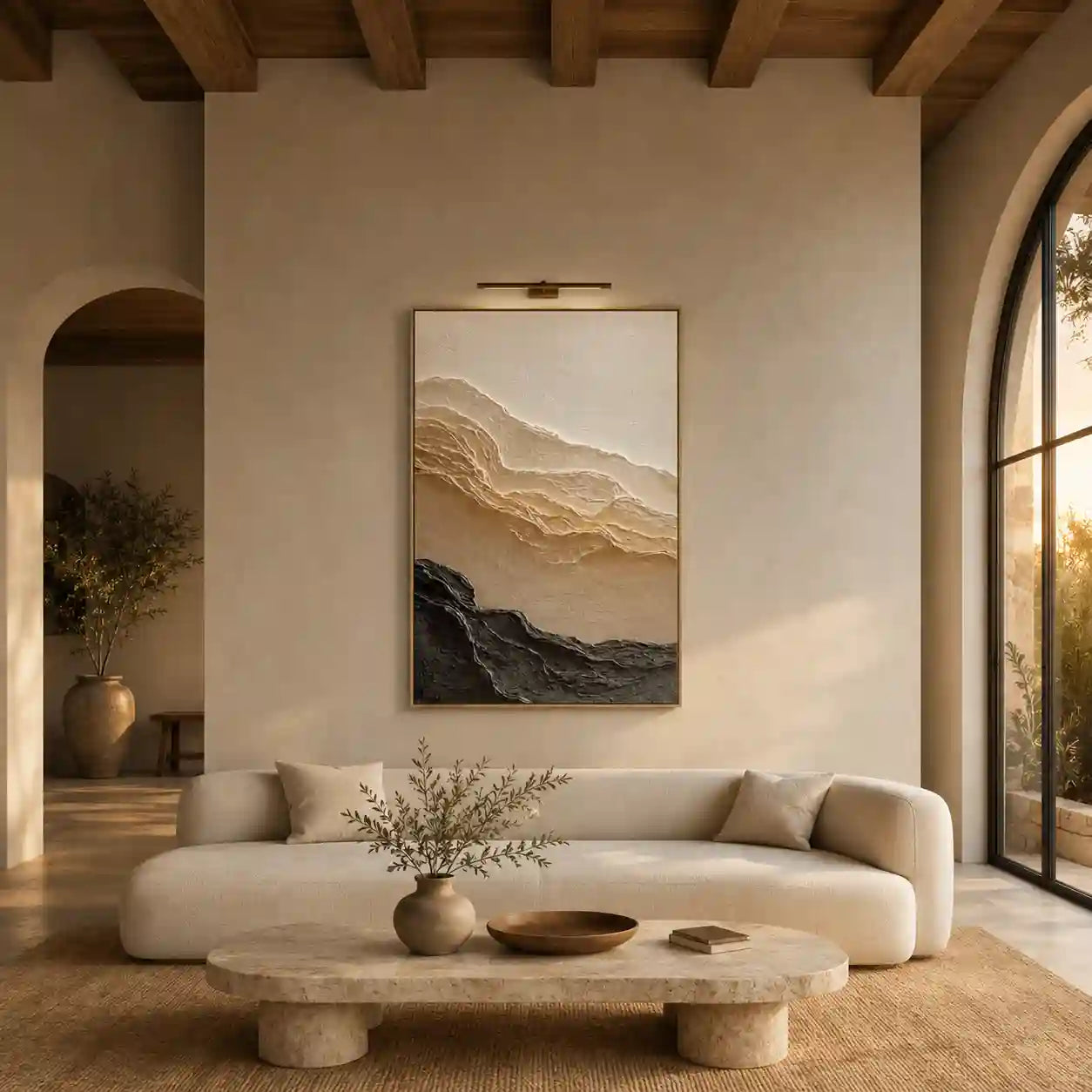 Minimalist Textured Mountain Wall Art in Beige and Charcoal for Living Room