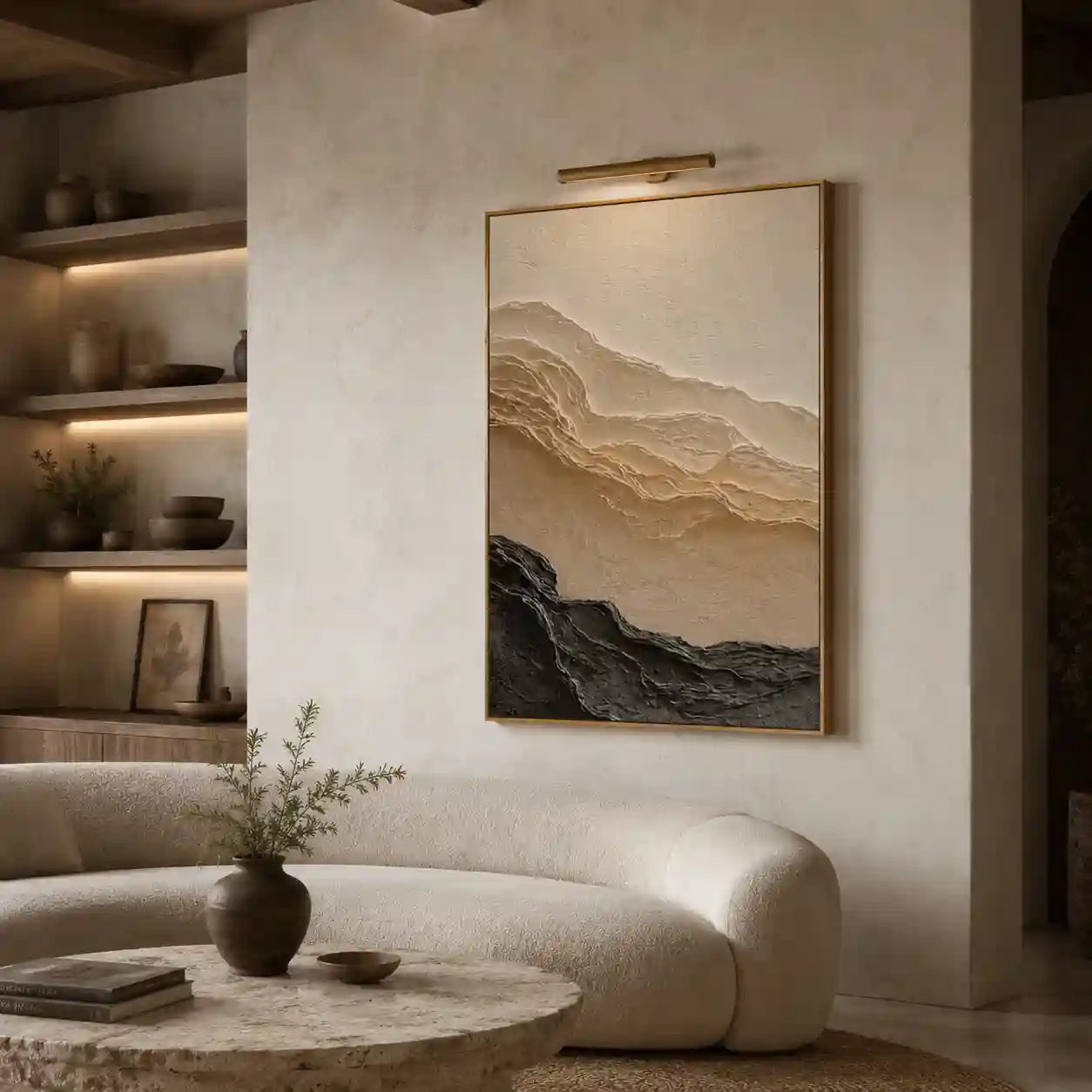 Minimalist Textured Mountain Wall Art in Beige and Charcoal for Living Room