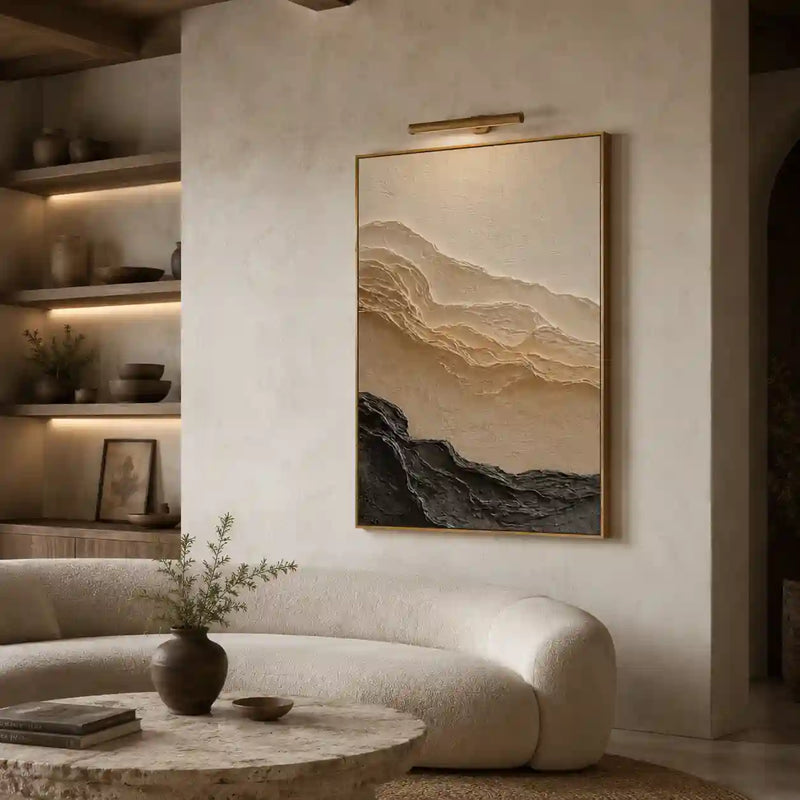 Minimalist Textured Mountain Wall Art in Beige and Charcoal for Living Room