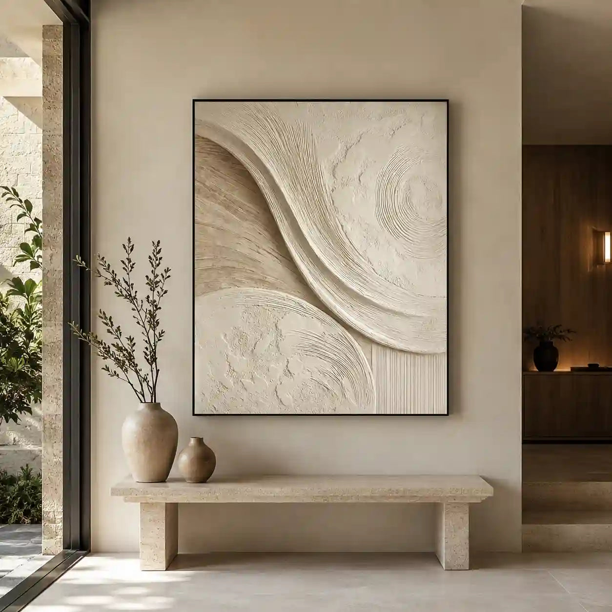 Neutral Textured Abstract Wall Art with Flowing Lines for Entryway