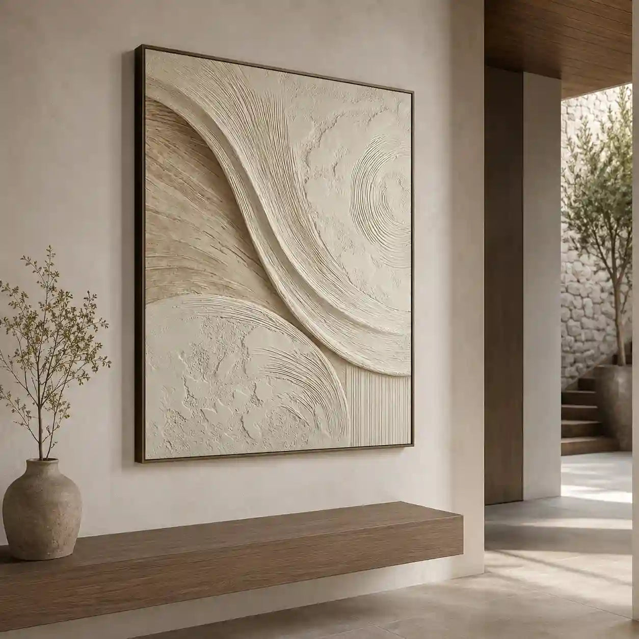 Neutral Textured Abstract Wall Art with Flowing Lines for Entryway