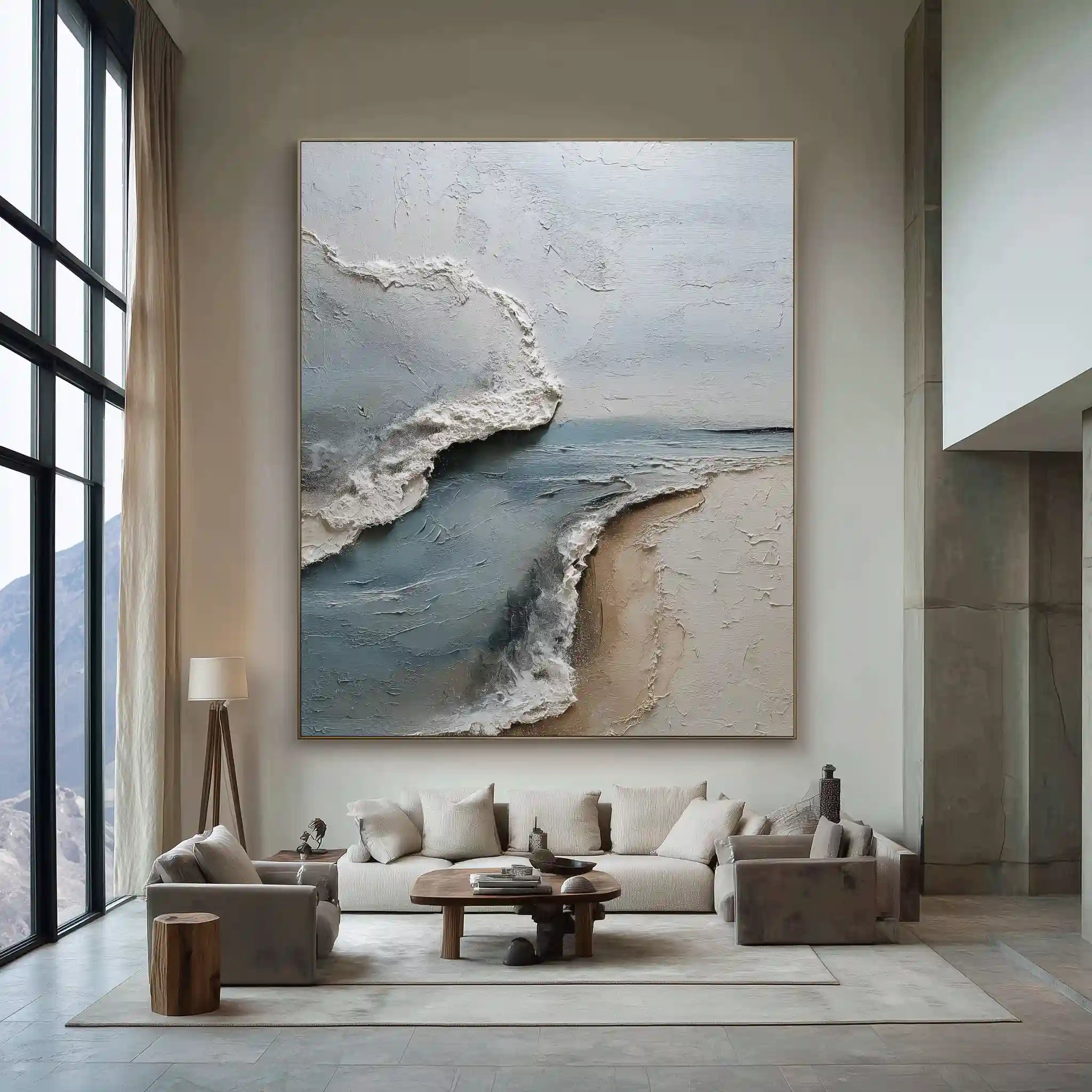Coastal Abstract Textured Wall Art in Blue Gray and Sand for Living Room