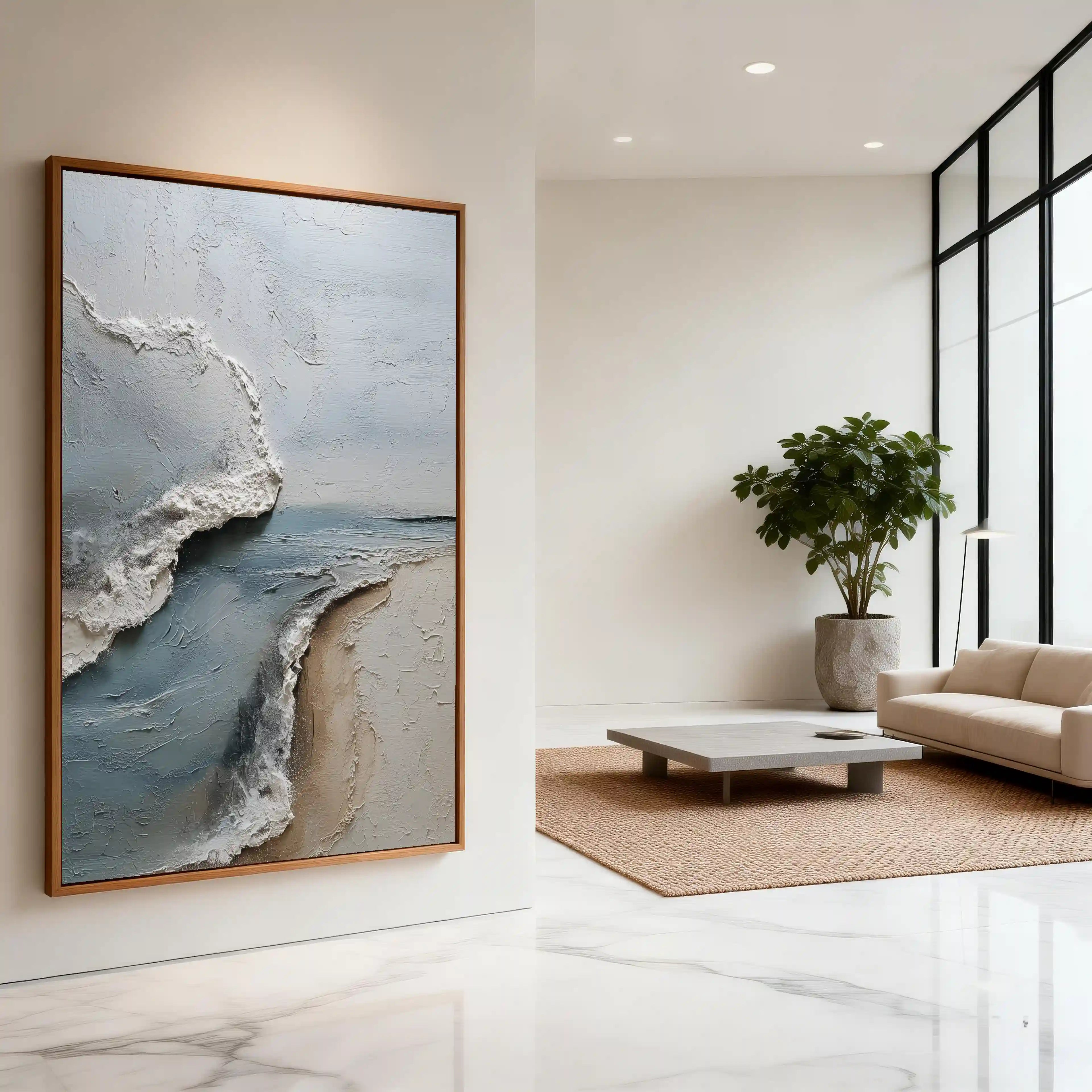 Coastal Abstract Textured Wall Art in Blue Gray and Sand for Living Room
