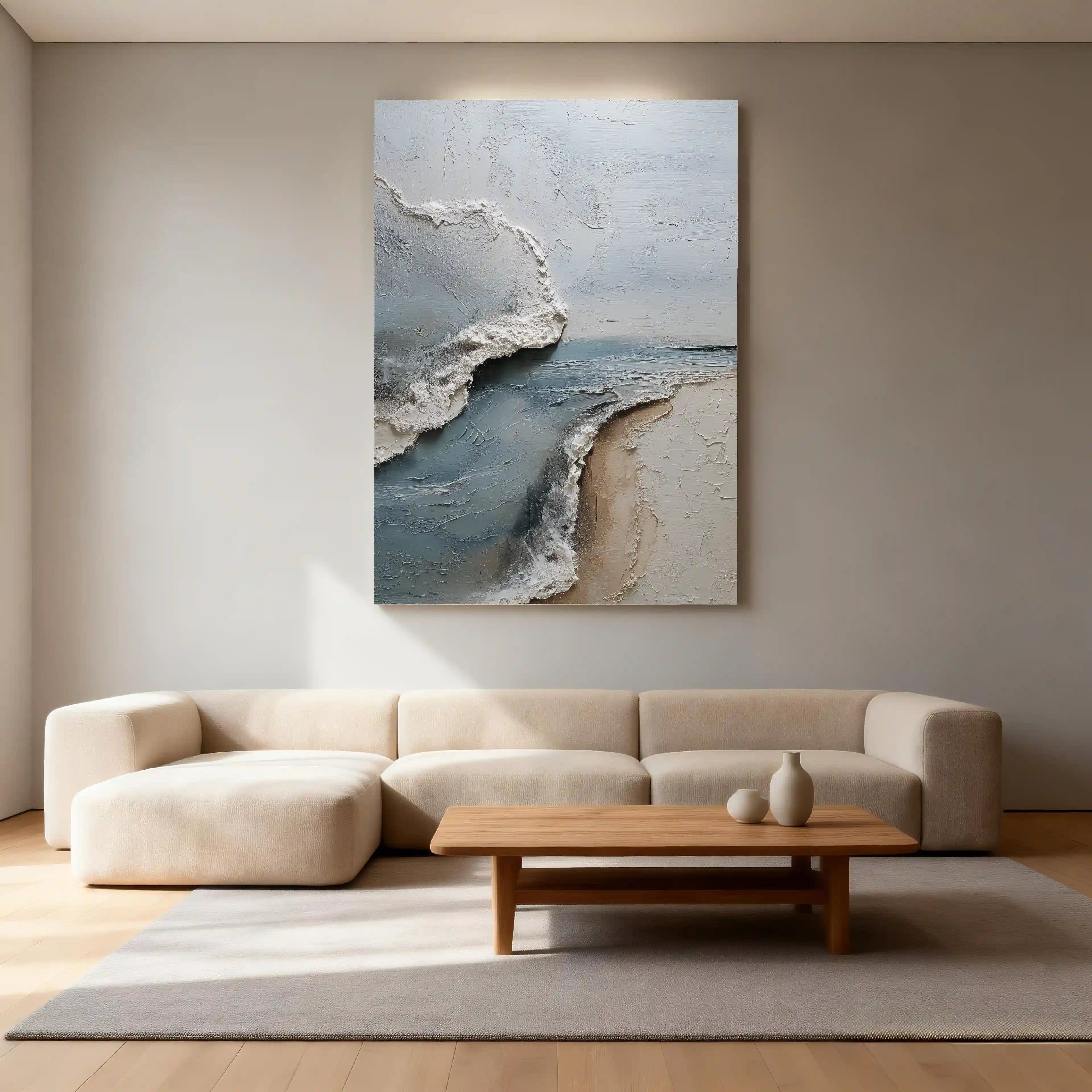 Coastal Abstract Textured Wall Art in Blue Gray and Sand for Living Room