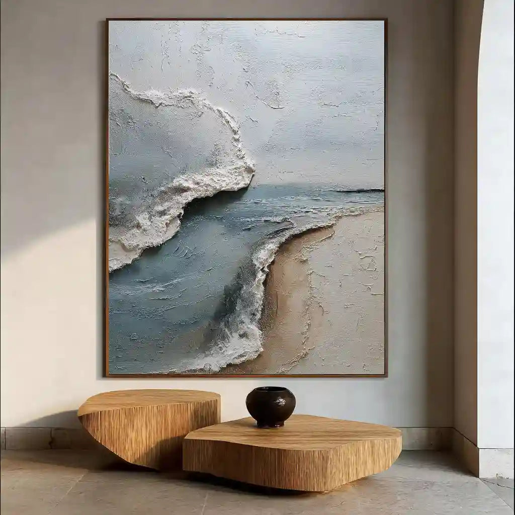 Coastal Abstract Textured Wall Art in Blue Gray and Sand for Living Room