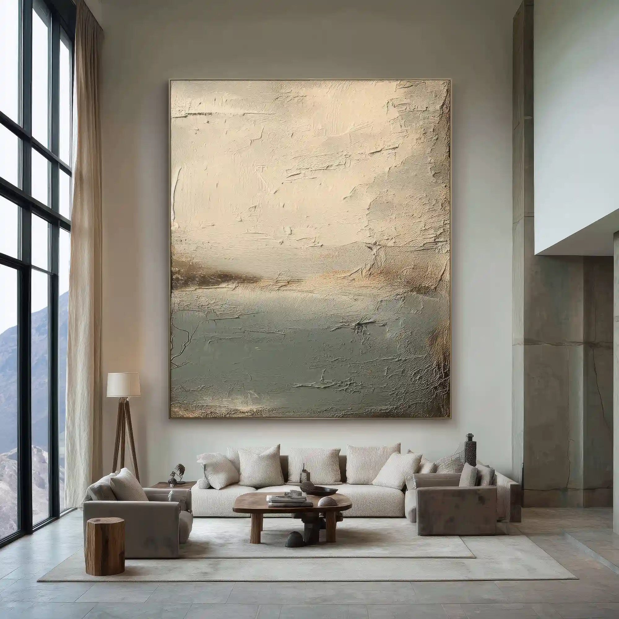 Minimalist Neutral Textured Abstract Wall Art in Beige and Blue Gray for Living Room