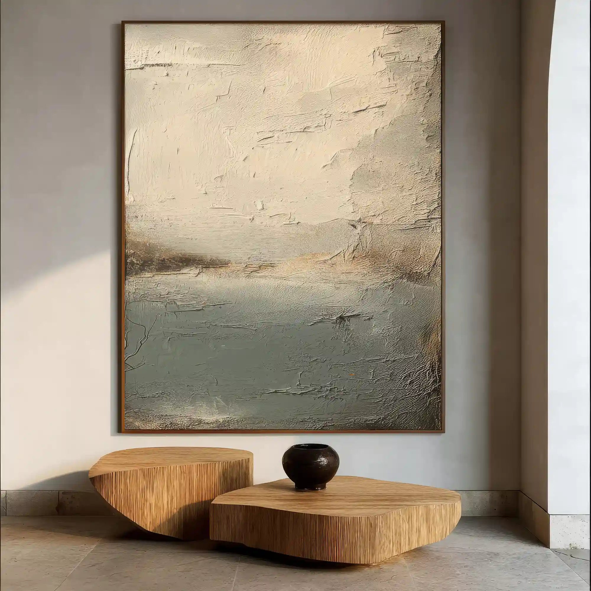 Minimalist Neutral Textured Abstract Wall Art in Beige and Blue Gray for Living Room