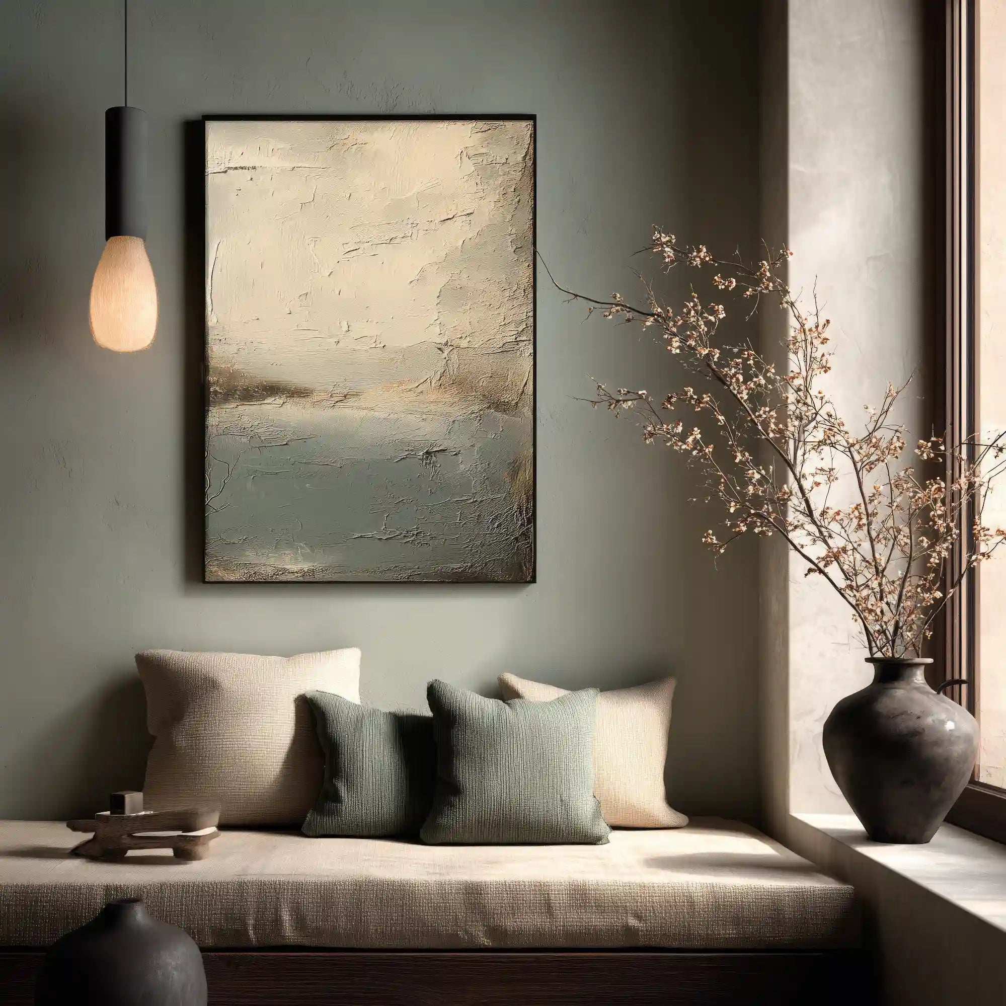 Minimalist Neutral Textured Abstract Wall Art in Beige and Blue Gray for Living Room