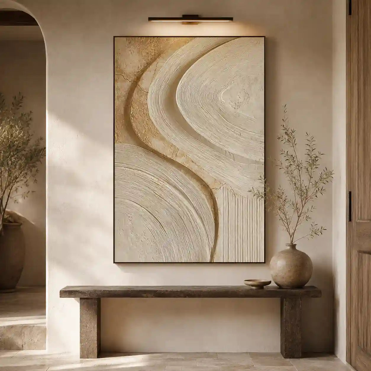 Warm Neutral Textured Abstract Wall Art with Flowing Curves for Living Room