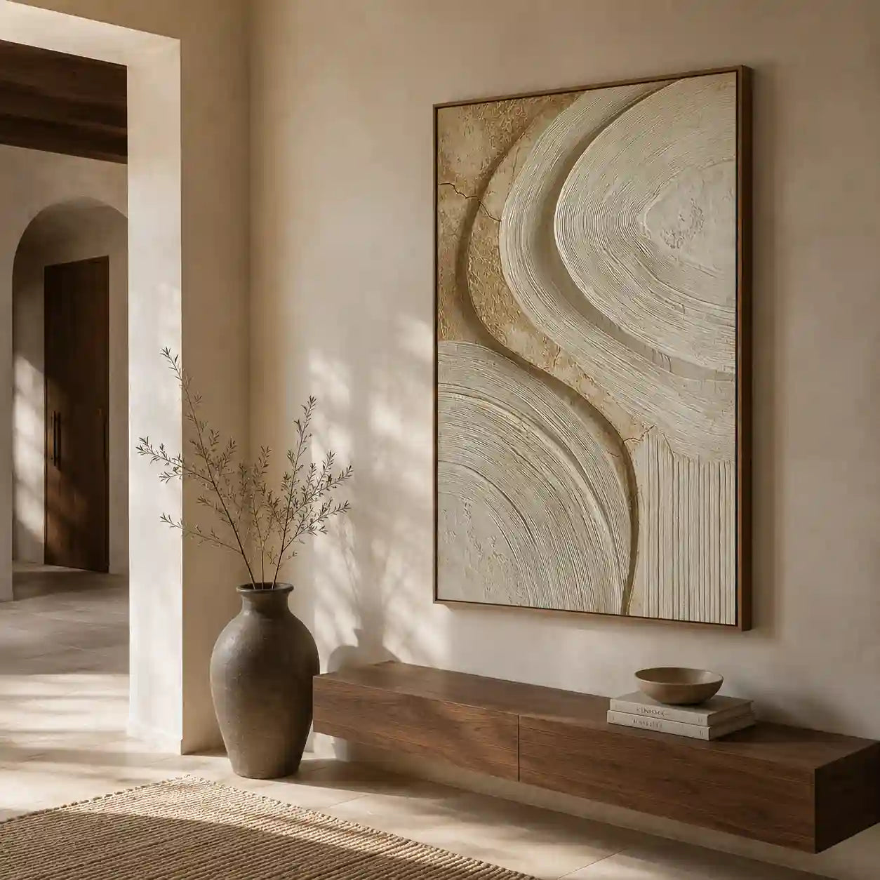 Warm Neutral Textured Abstract Wall Art with Flowing Curves for Living Room