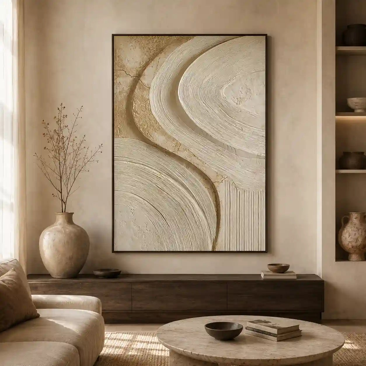 Warm Neutral Textured Abstract Wall Art with Flowing Curves for Living Room