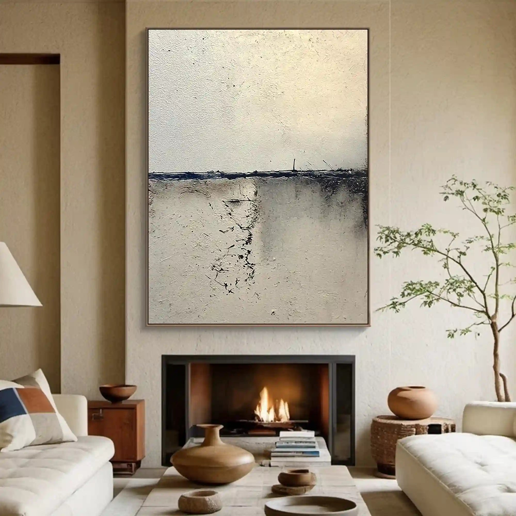 Minimalist Textured Abstract Wall Art in Ivory and Charcoal for Living Room