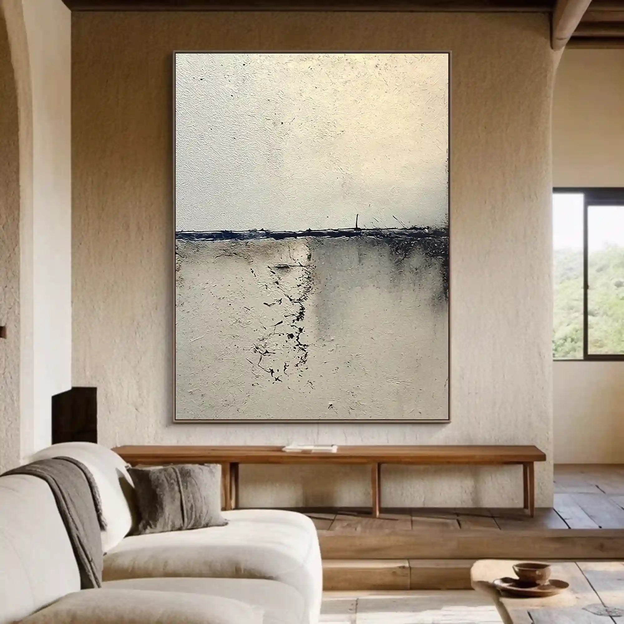 Minimalist Textured Abstract Wall Art in Ivory and Charcoal for Living Room