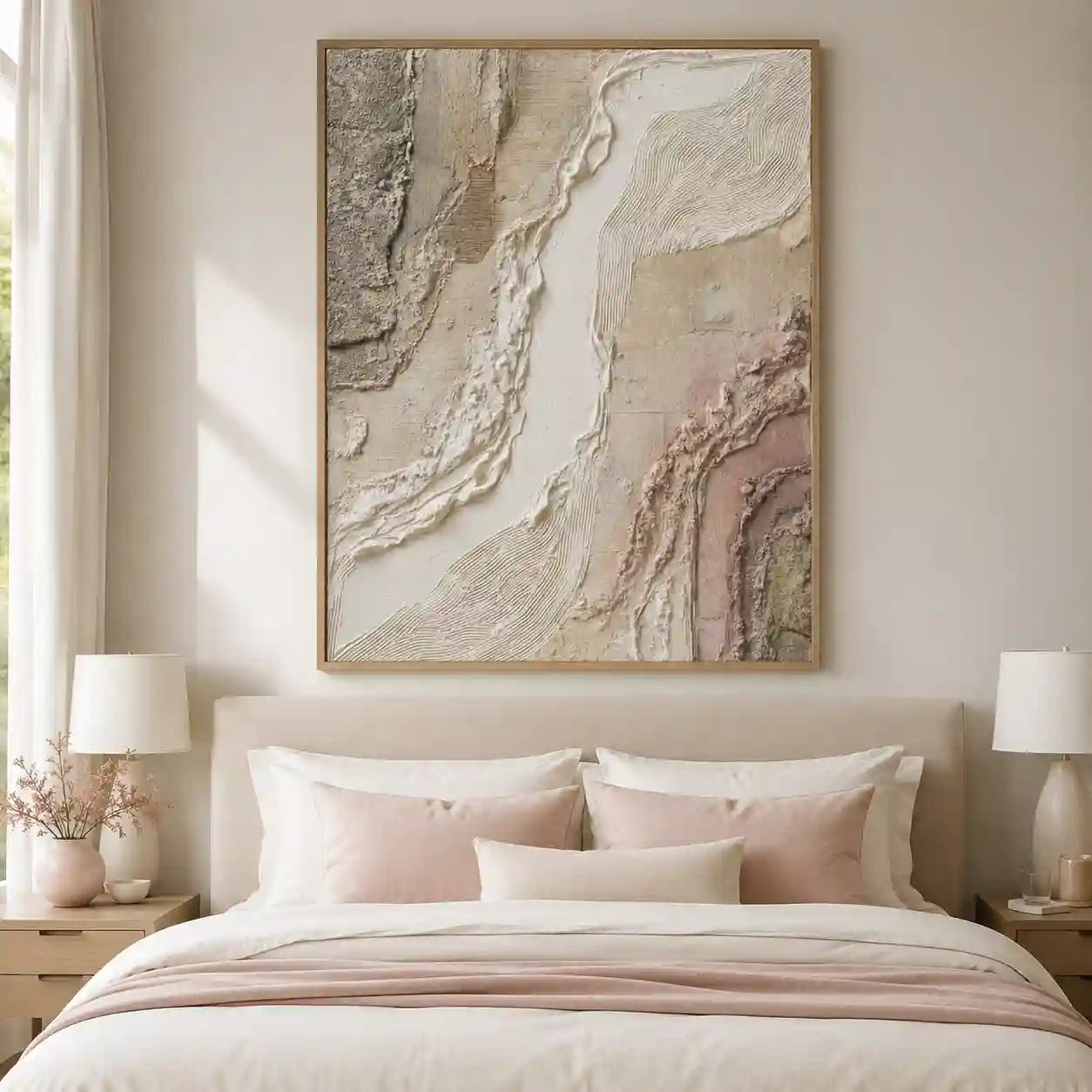 Soft Neutral Textured Abstract Wall Art in Beige and Blush for Bedroom