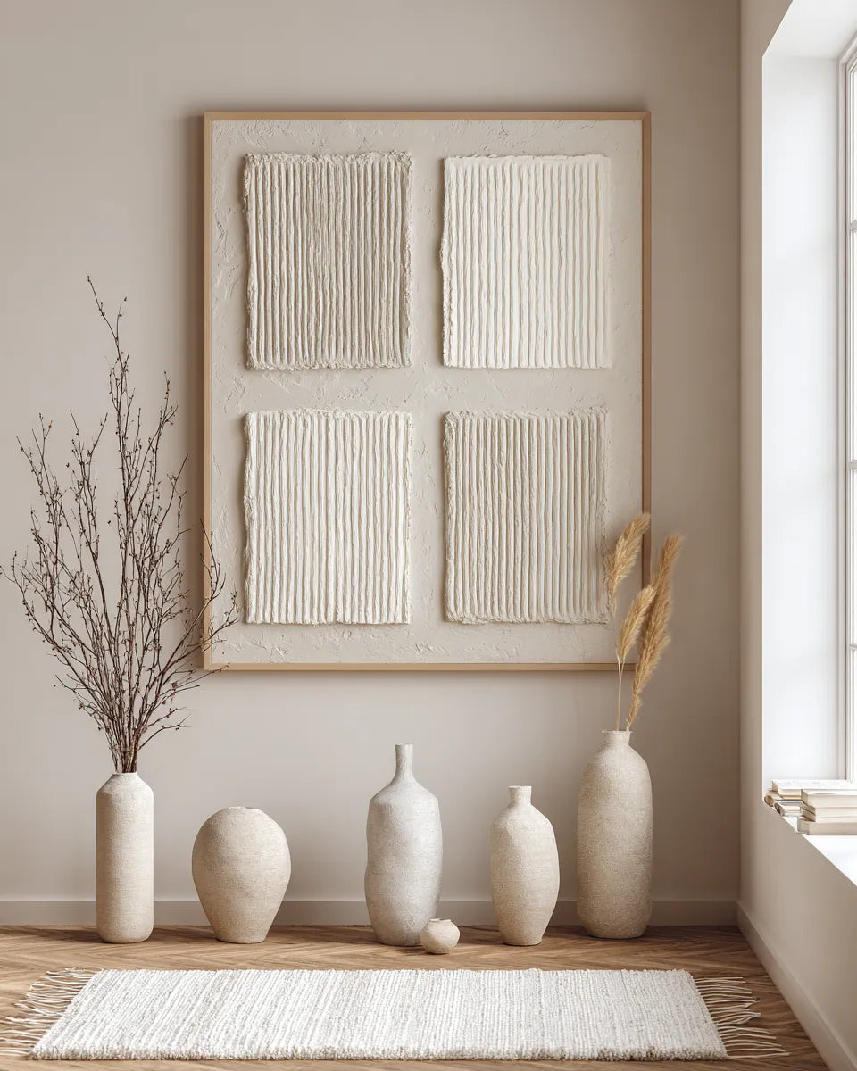 Square 3D Textured Grid Wall Art, Neutral Cream Beige Abstract for Living Room #AAPCEVVI