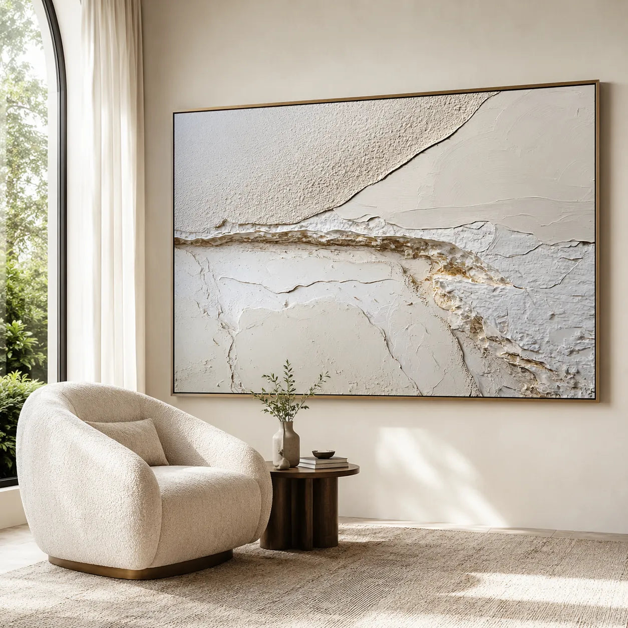 Horizontal 3D Textured Horizon Wall Art, Neutral Cream Charcoal Gold for Living Room #WJJ782G9