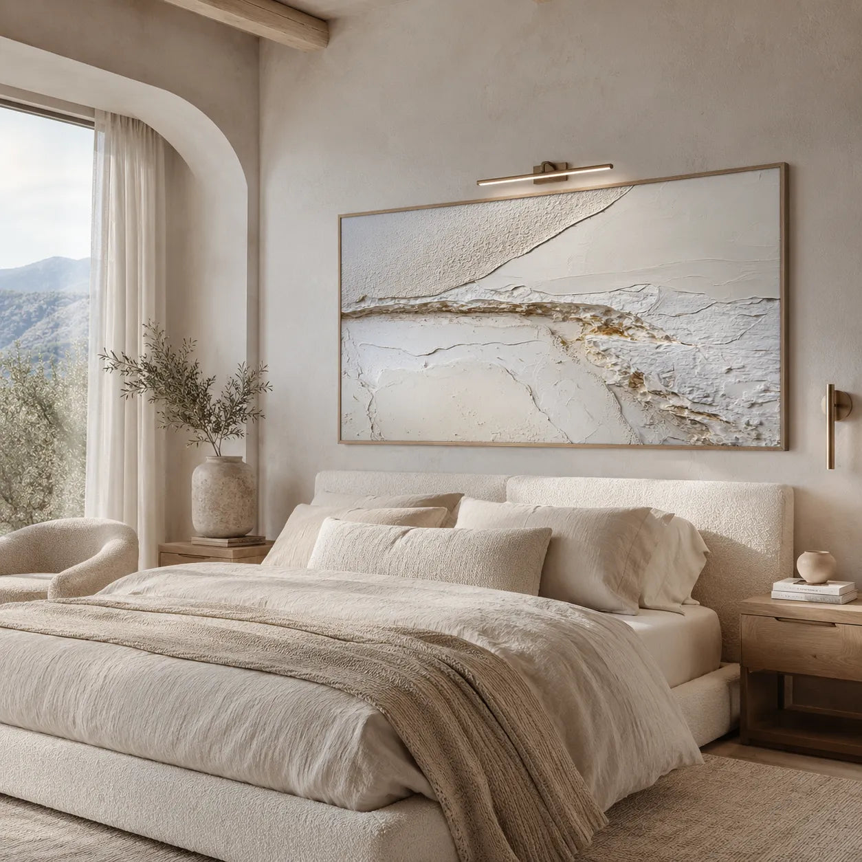 Horizontal 3D Textured Horizon Wall Art, Neutral Cream Charcoal Gold for Living Room #WJJ782G9