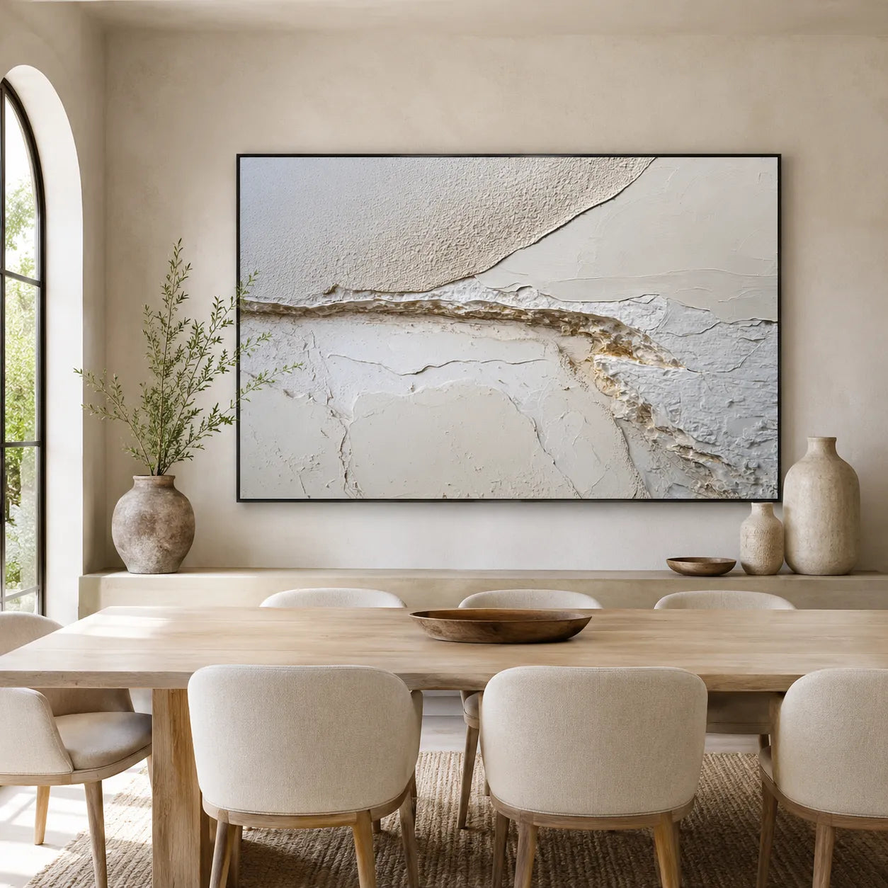 Horizontal 3D Textured Horizon Wall Art, Neutral Cream Charcoal Gold for Living Room #WJJ782G9
