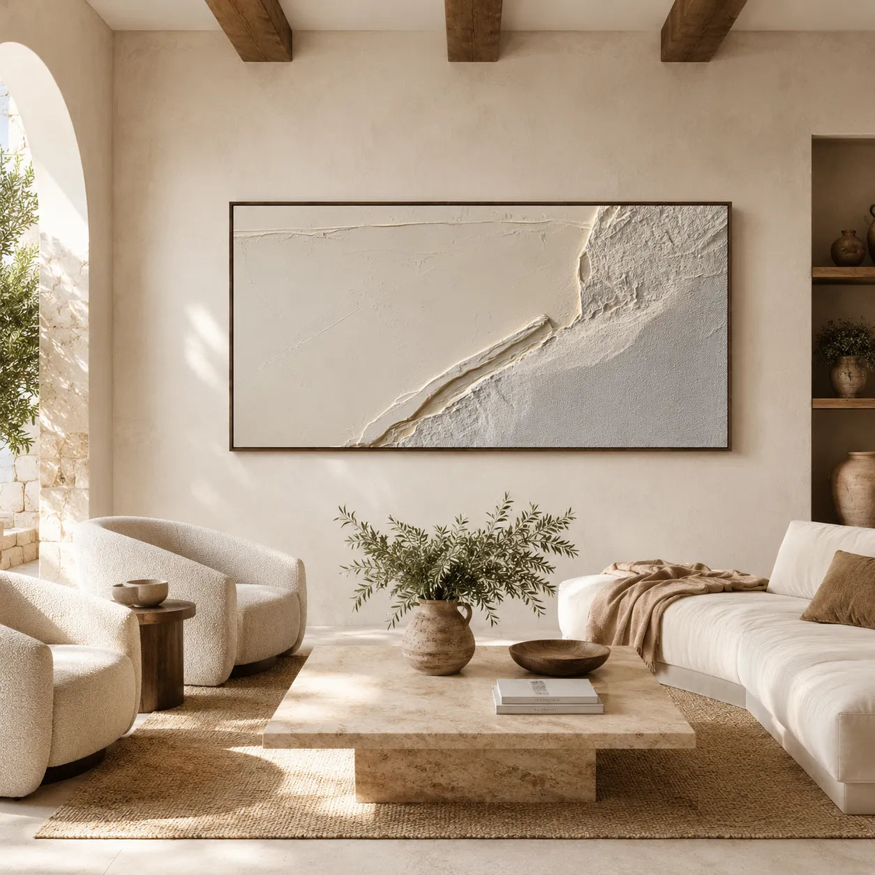 Horizontal 3D Textured Wall Art, Neutral Cream Beige Abstract for Living Room #XAJ8GXFX