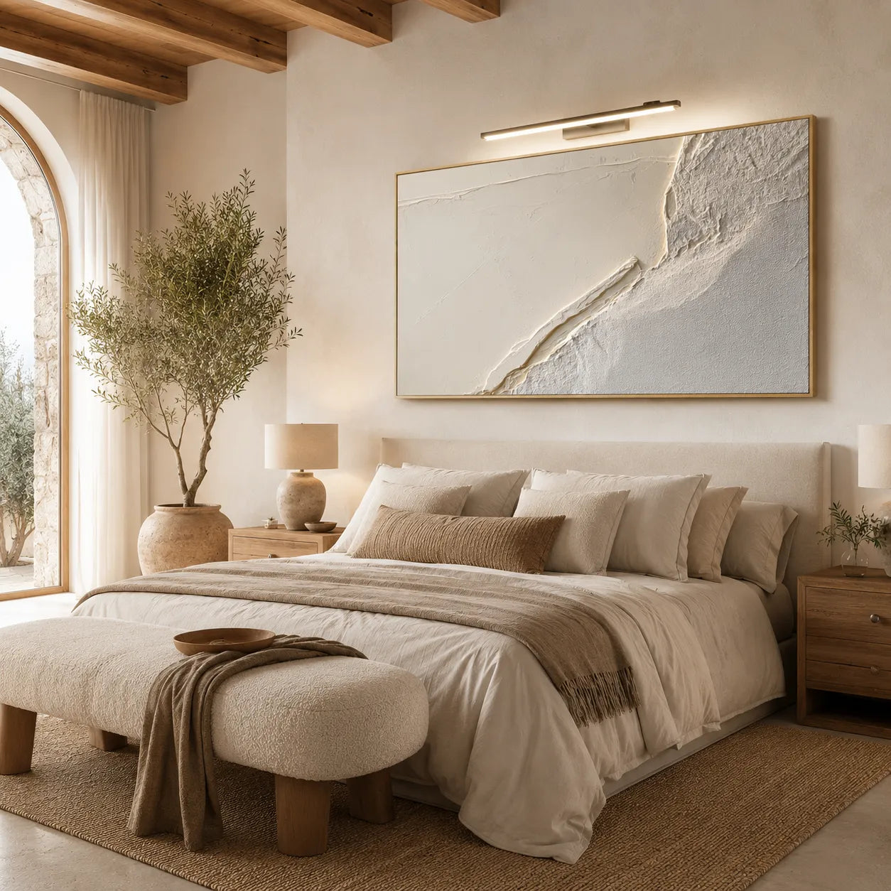 Horizontal 3D Textured Wall Art, Neutral Cream Beige Abstract for Living Room #XAJ8GXFX