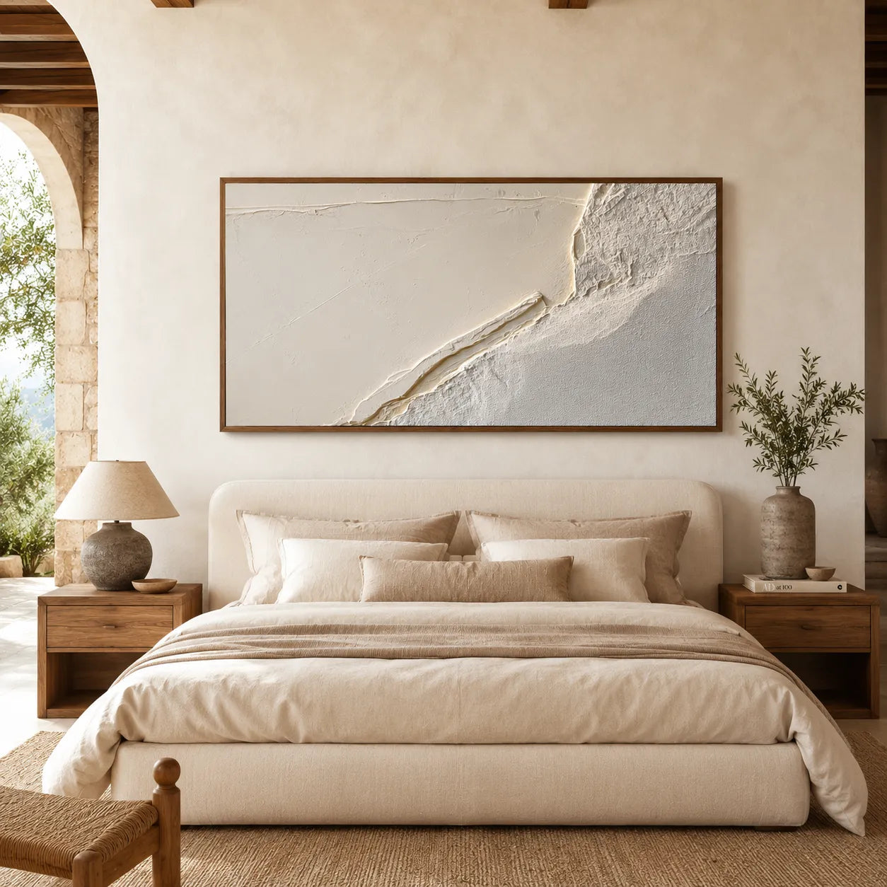 Horizontal 3D Textured Wall Art, Neutral Cream Beige Abstract for Living Room #XAJ8GXFX