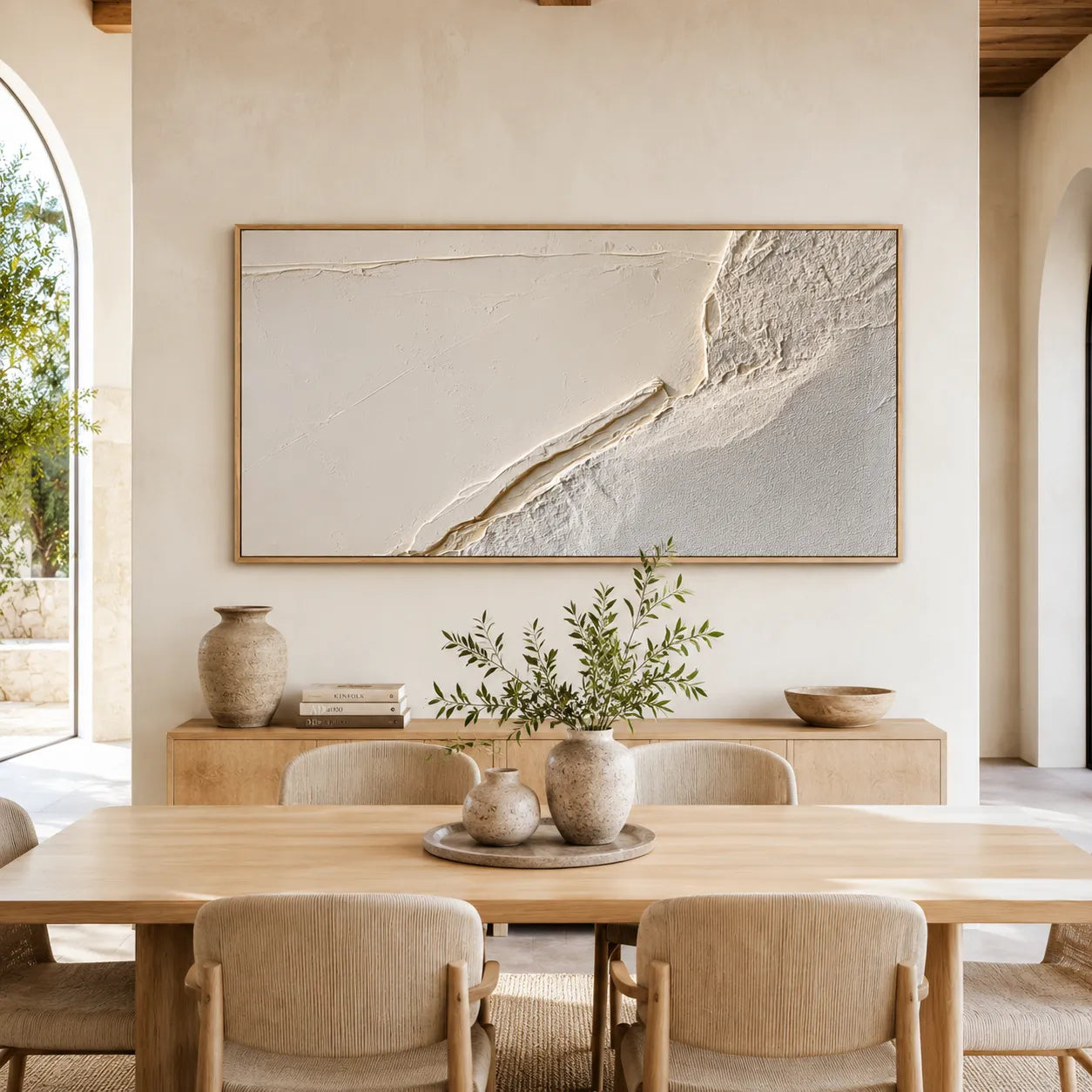 Horizontal 3D Textured Wall Art, Neutral Cream Beige Abstract for Living Room #XAJ8GXFX