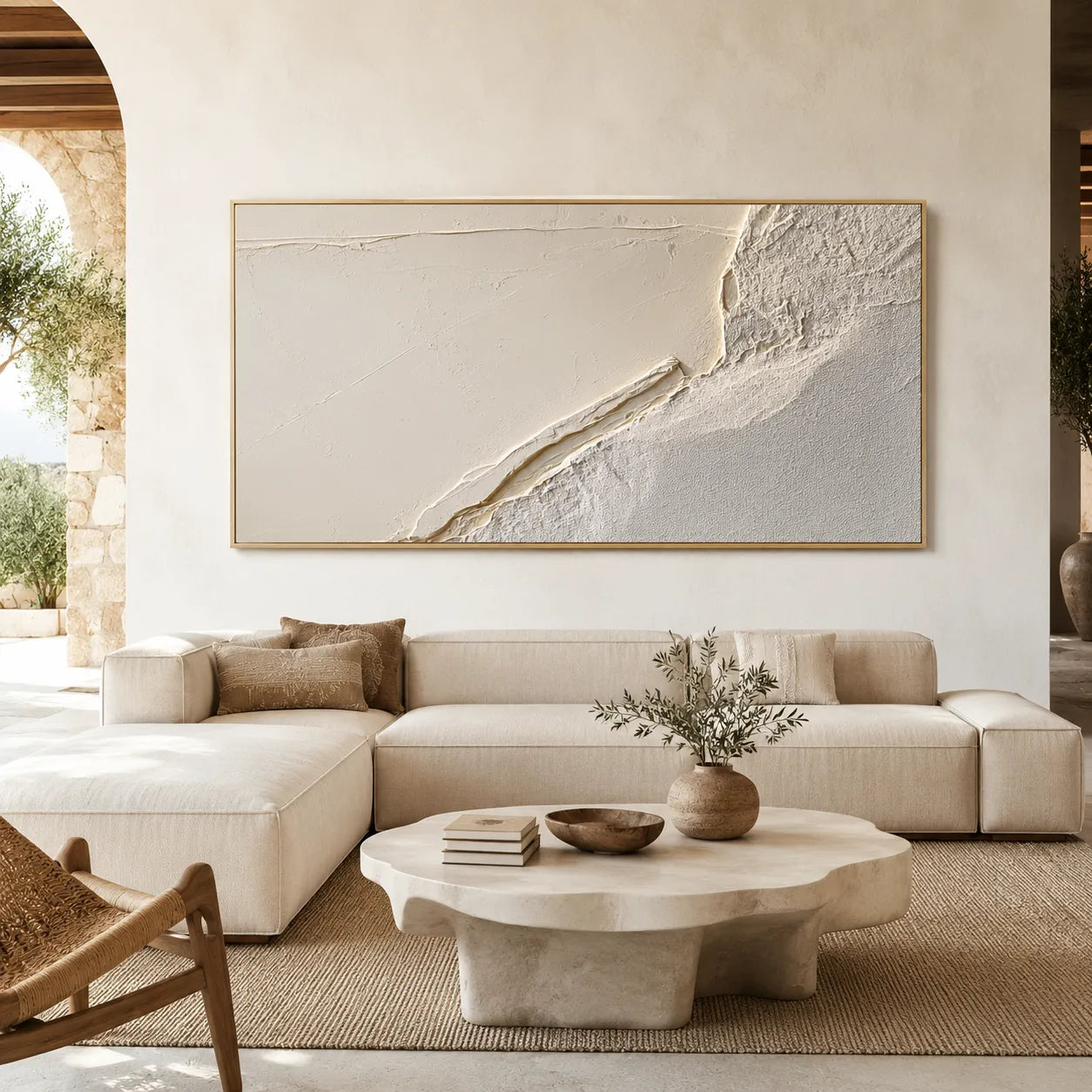 Horizontal 3D Textured Wall Art, Neutral Cream Beige Abstract for Living Room #XAJ8GXFX