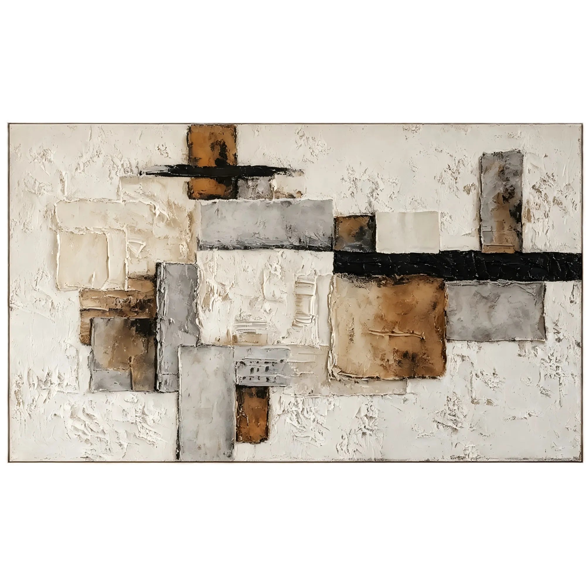 Horizontal 3D Textured Abstract Wall Art, Neutral Cream Ochre Black for Living Room #S4TO1VKO