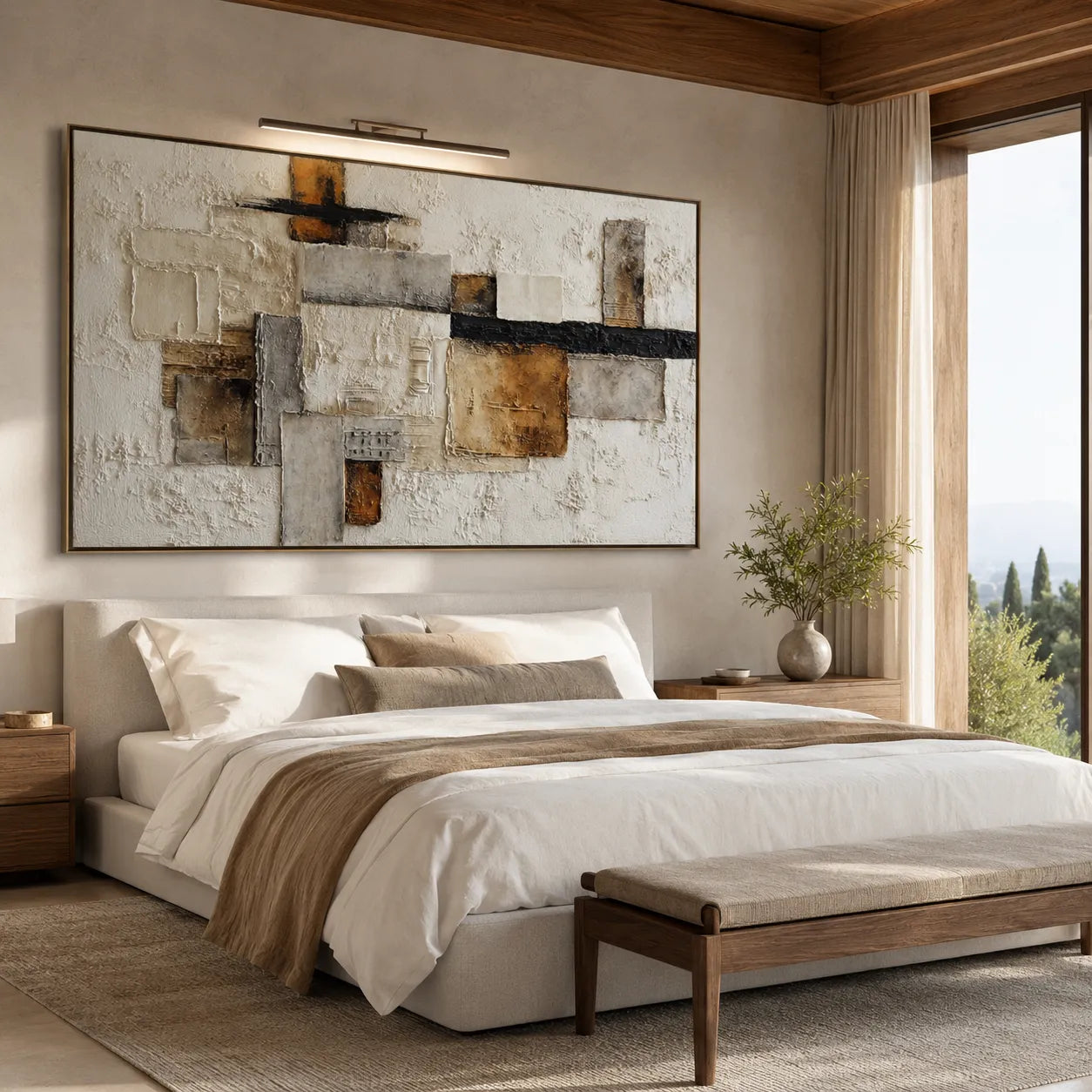Horizontal 3D Textured Abstract Wall Art, Neutral Cream Ochre Black for Living Room #S4TO1VKO