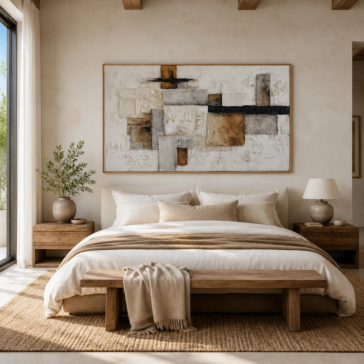 Horizontal 3D Textured Abstract Wall Art, Neutral Cream Ochre Black for Living Room #S4TO1VKO