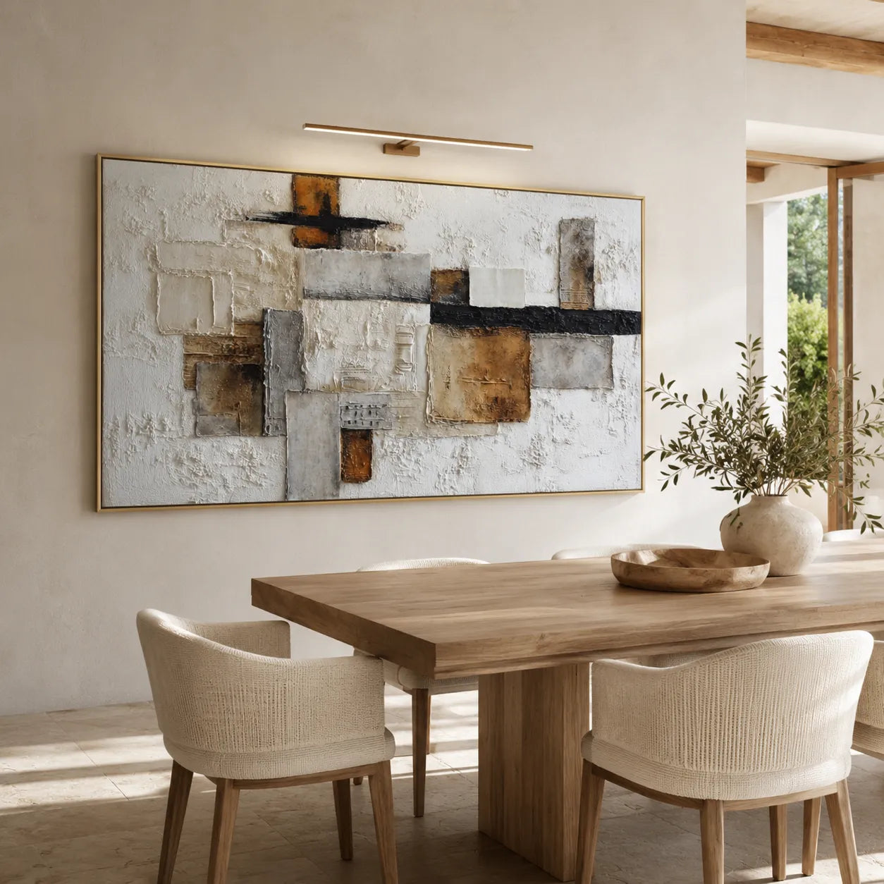 Horizontal 3D Textured Abstract Wall Art, Neutral Cream Ochre Black for Living Room #S4TO1VKO