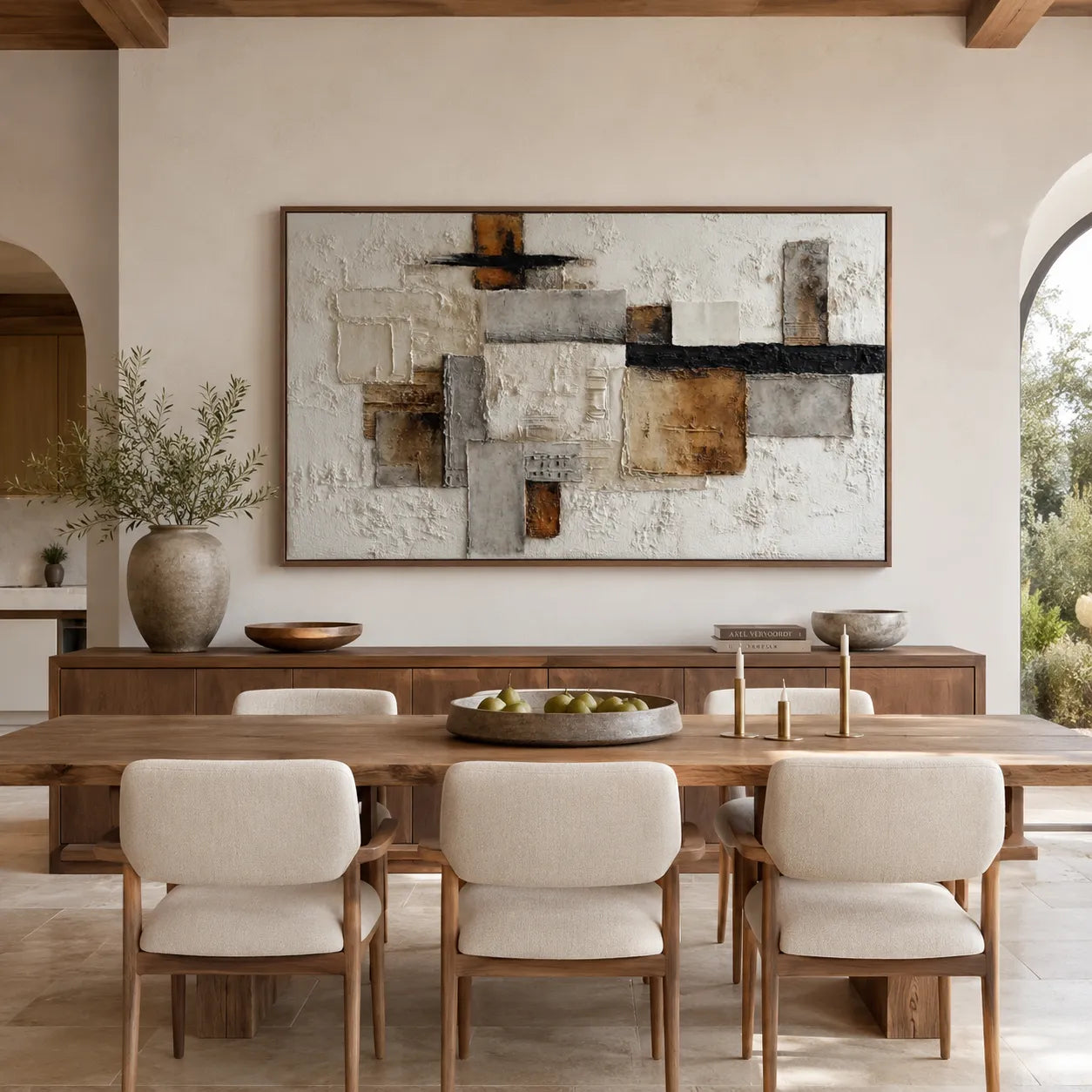 Horizontal 3D Textured Abstract Wall Art, Neutral Cream Ochre Black for Living Room #S4TO1VKO