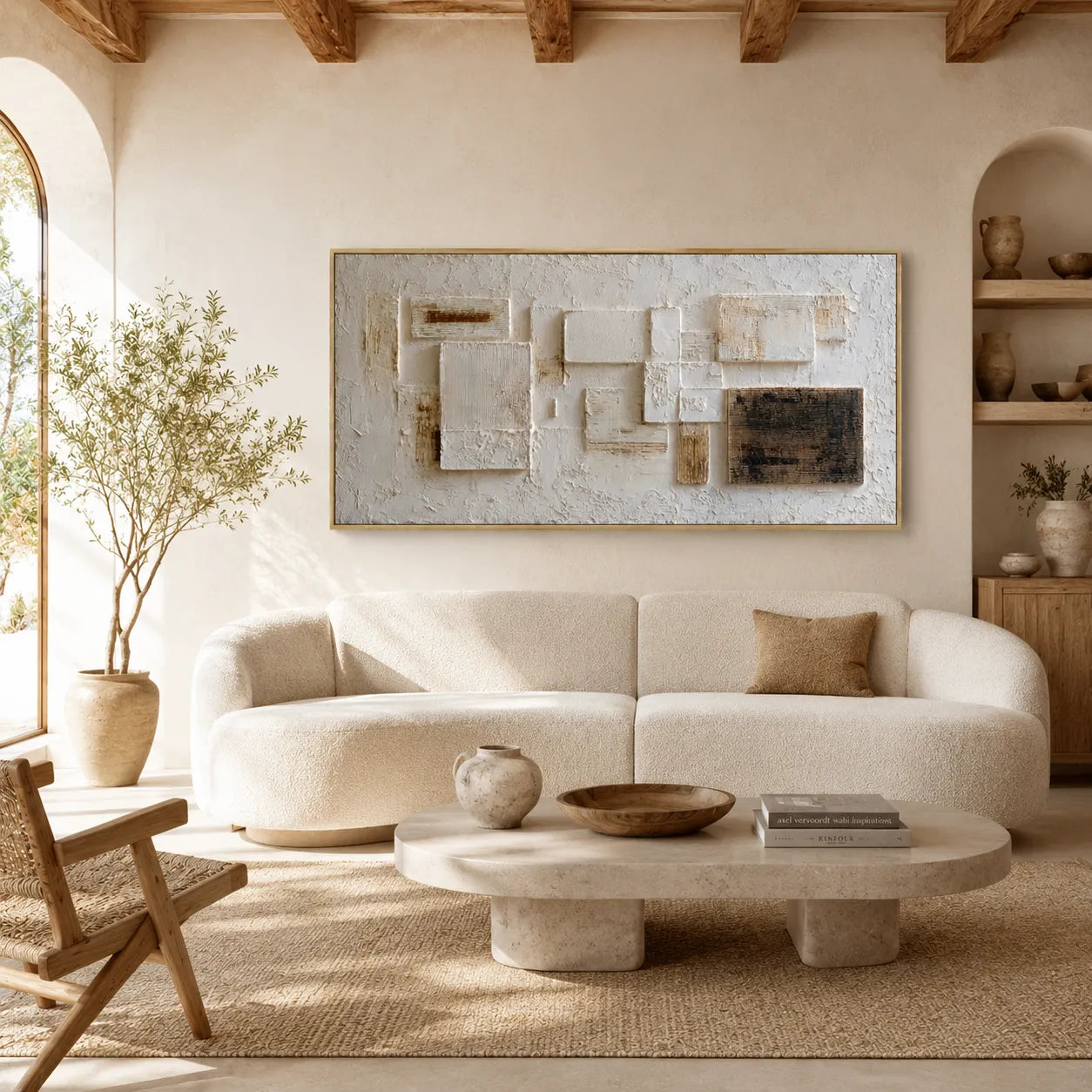 Horizontal Textured Geometric Wall Art, Neutral Cream Beige Black for Living Room #94H32ZBT