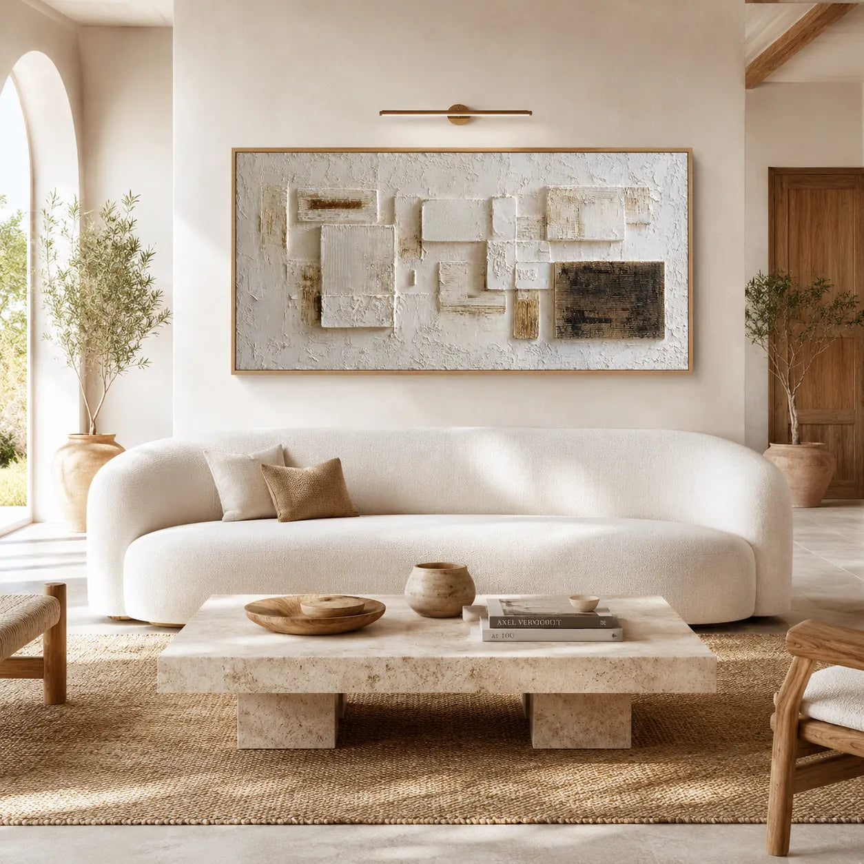 Horizontal Textured Geometric Wall Art, Neutral Cream Beige Black for Living Room #94H32ZBT